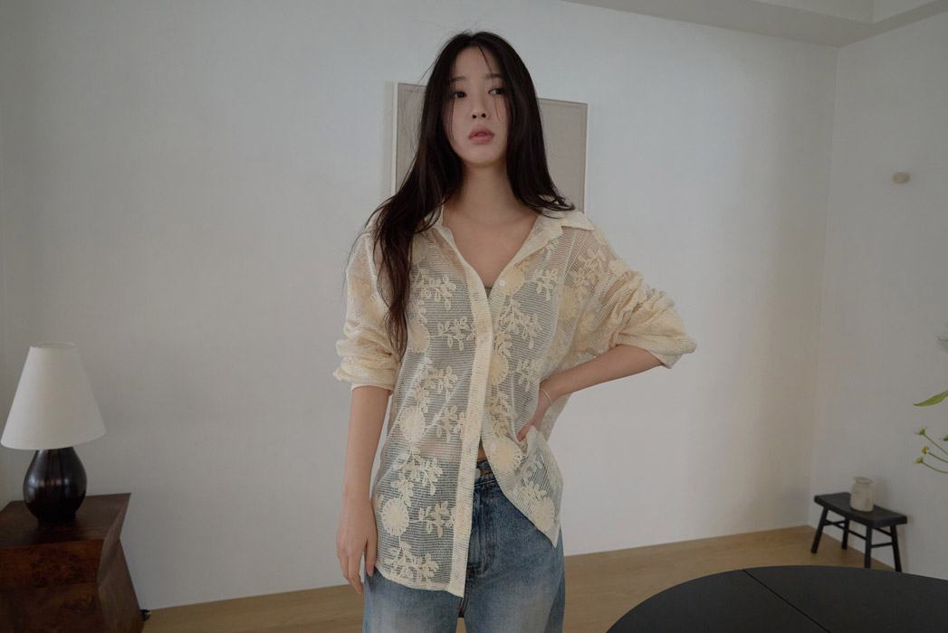 ベロアコットンボタンカラーオーバーサイズクロシェシャツ春夏秋 | 詳細画像7