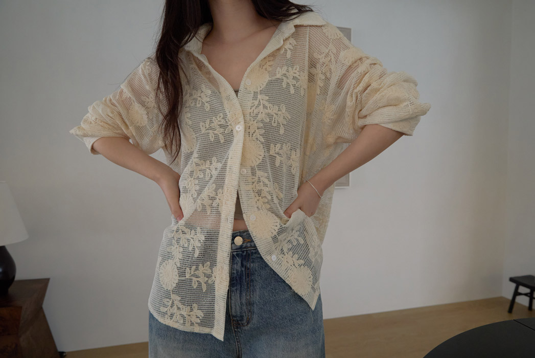 ベロアコットンボタンカラーオーバーサイズクロシェシャツ春夏秋 | 詳細画像8