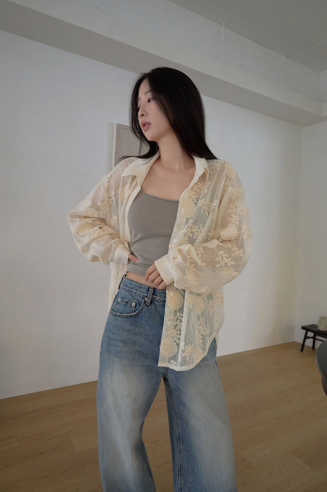 ベロアコットンボタンカラーオーバーサイズクロシェシャツ春夏秋 | 詳細画像11