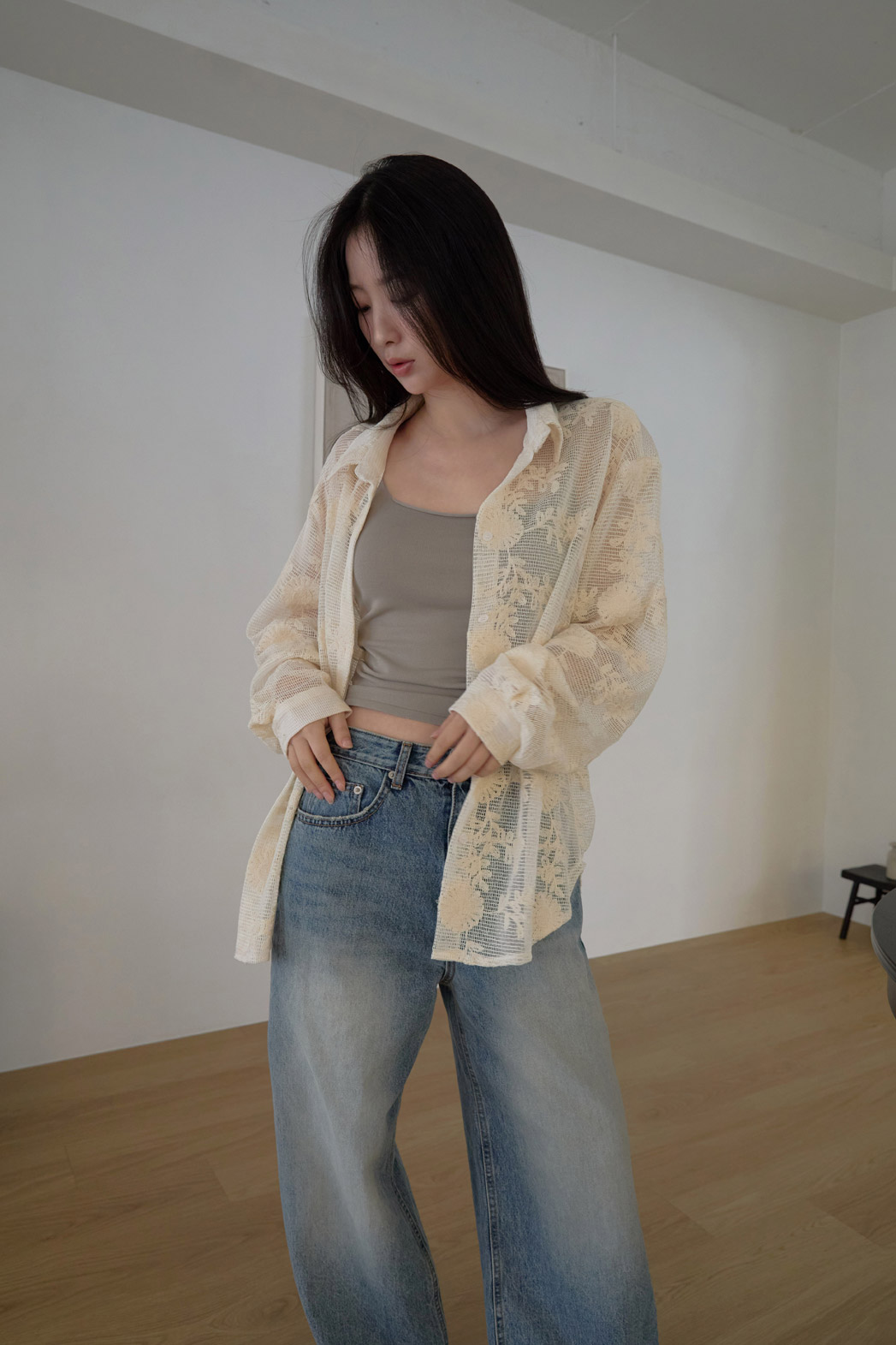 ベロアコットンボタンカラーオーバーサイズクロシェシャツ春夏秋 | 詳細画像12