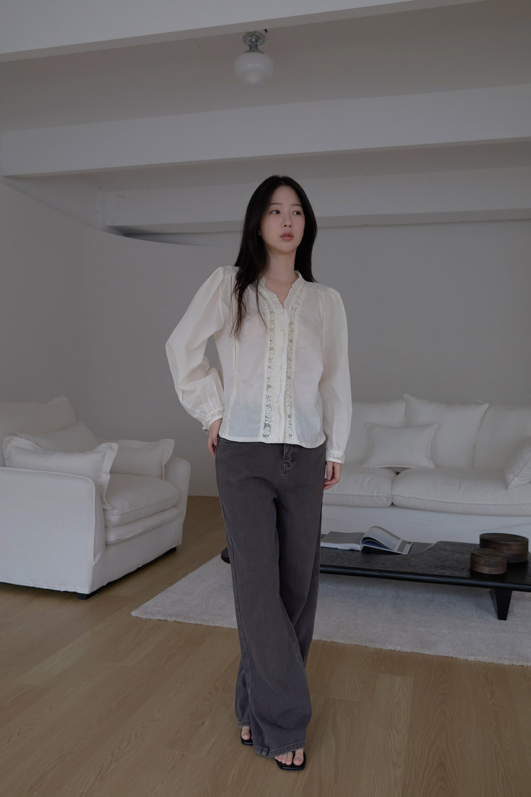 コットンフリルギャザーレースアップレースブラウス春夏秋 | 詳細画像3