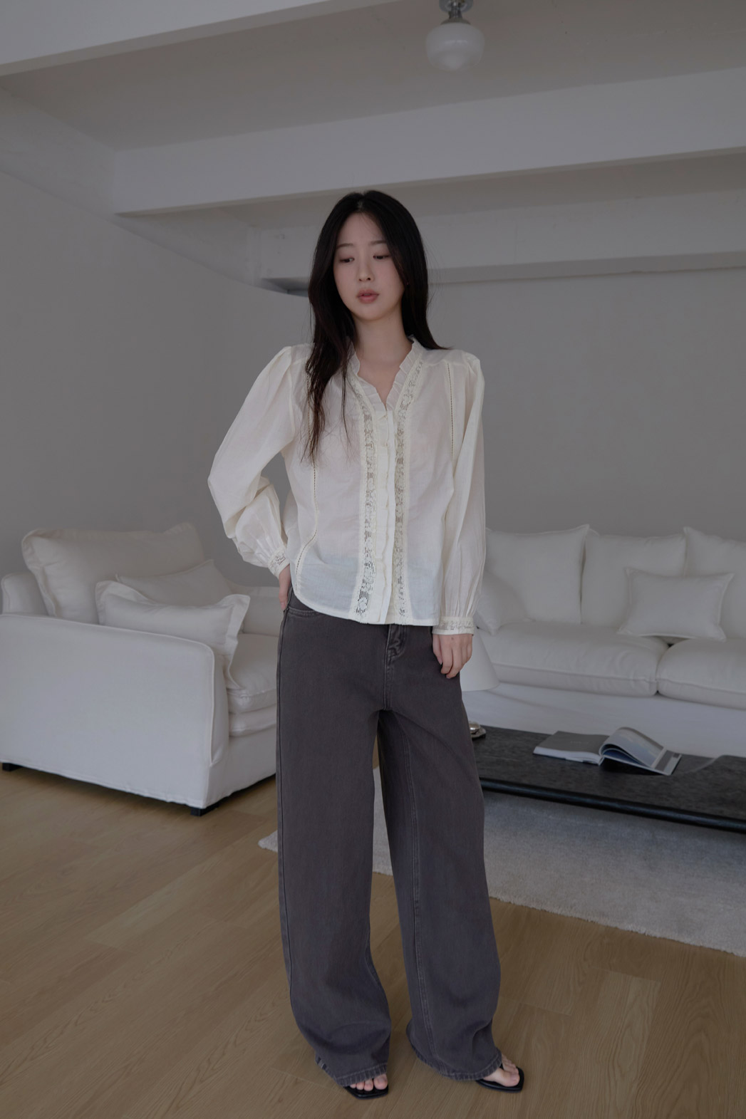 コットンフリルギャザーレースアップレースブラウス春夏秋 | 詳細画像4