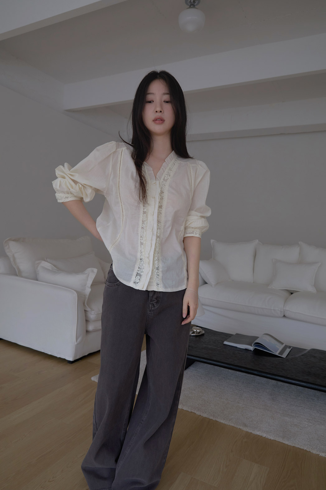 コットンフリルギャザーレースアップレースブラウス春夏秋 | 詳細画像6