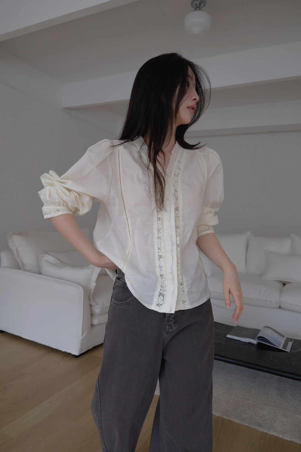 コットンフリルギャザーレースアップレースブラウス春夏秋 | 詳細画像7