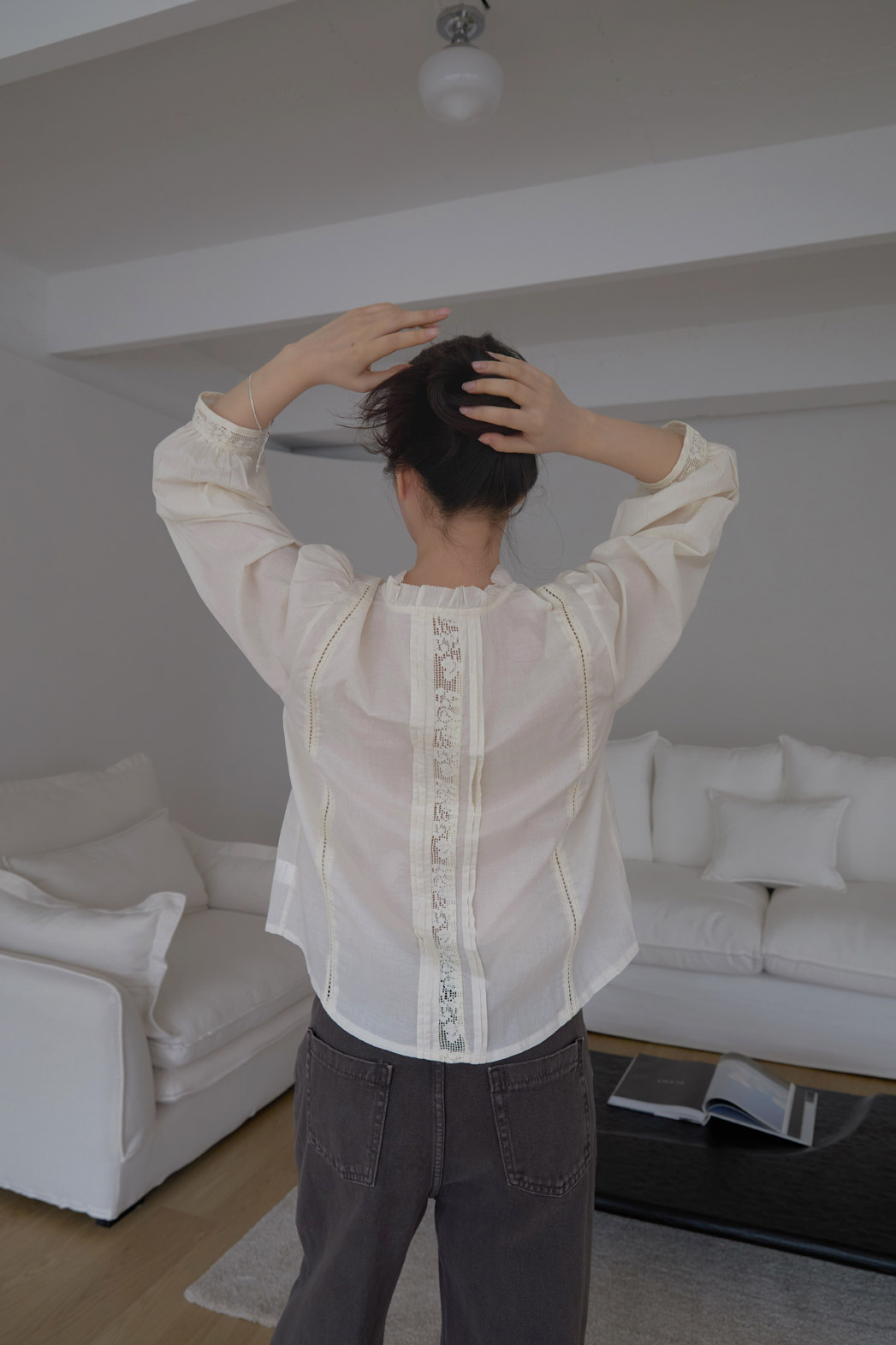 コットンフリルギャザーレースアップレースブラウス春夏秋 | 詳細画像10