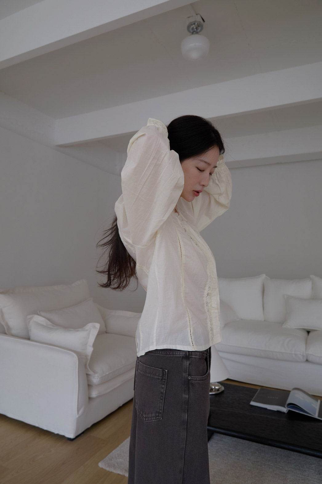 コットンフリルギャザーレースアップレースブラウス春夏秋 | 詳細画像11