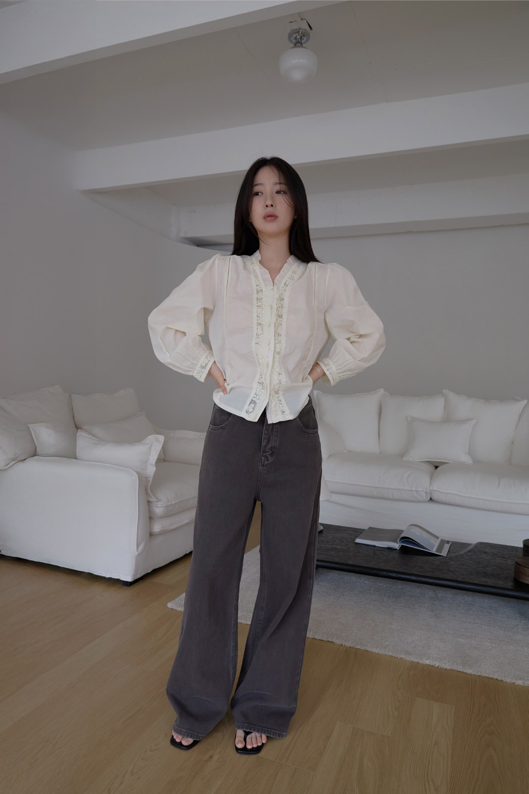 コットンフリルギャザーレースアップレースブラウス春夏秋 | 詳細画像12