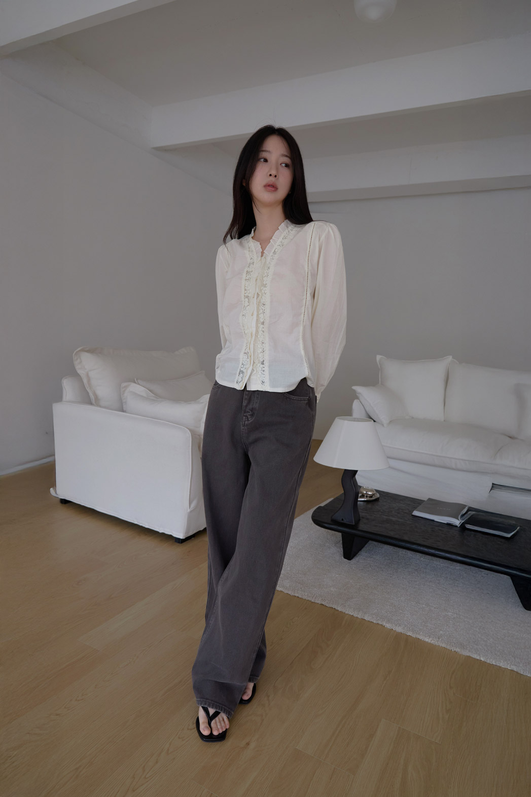 コットンフリルギャザーレースアップレースブラウス春夏秋 | 詳細画像13