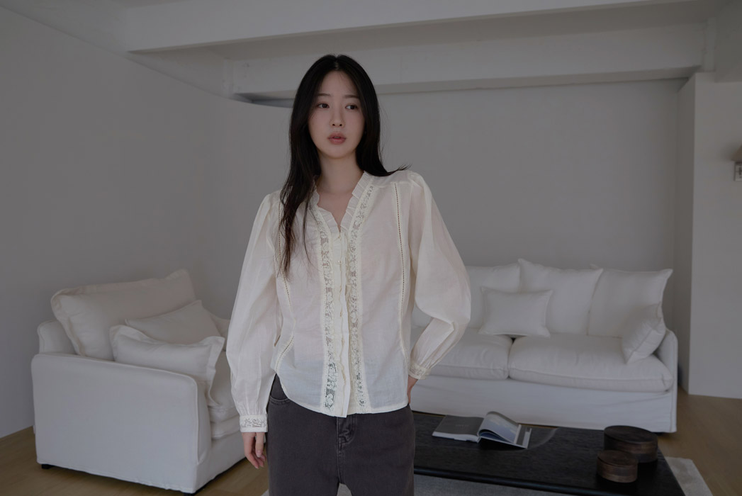 コットンフリルギャザーレースアップレースブラウス春夏秋 | 詳細画像14