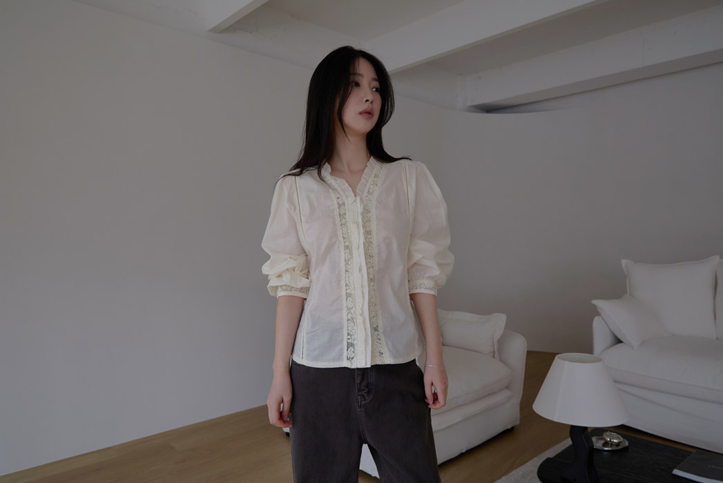 コットンフリルギャザーレースアップレースブラウス春夏秋 | 詳細画像15