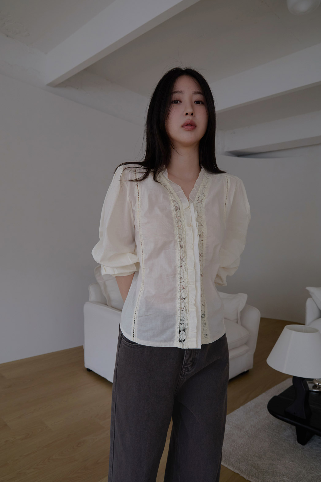 コットンフリルギャザーレースアップレースブラウス春夏秋 | 詳細画像16