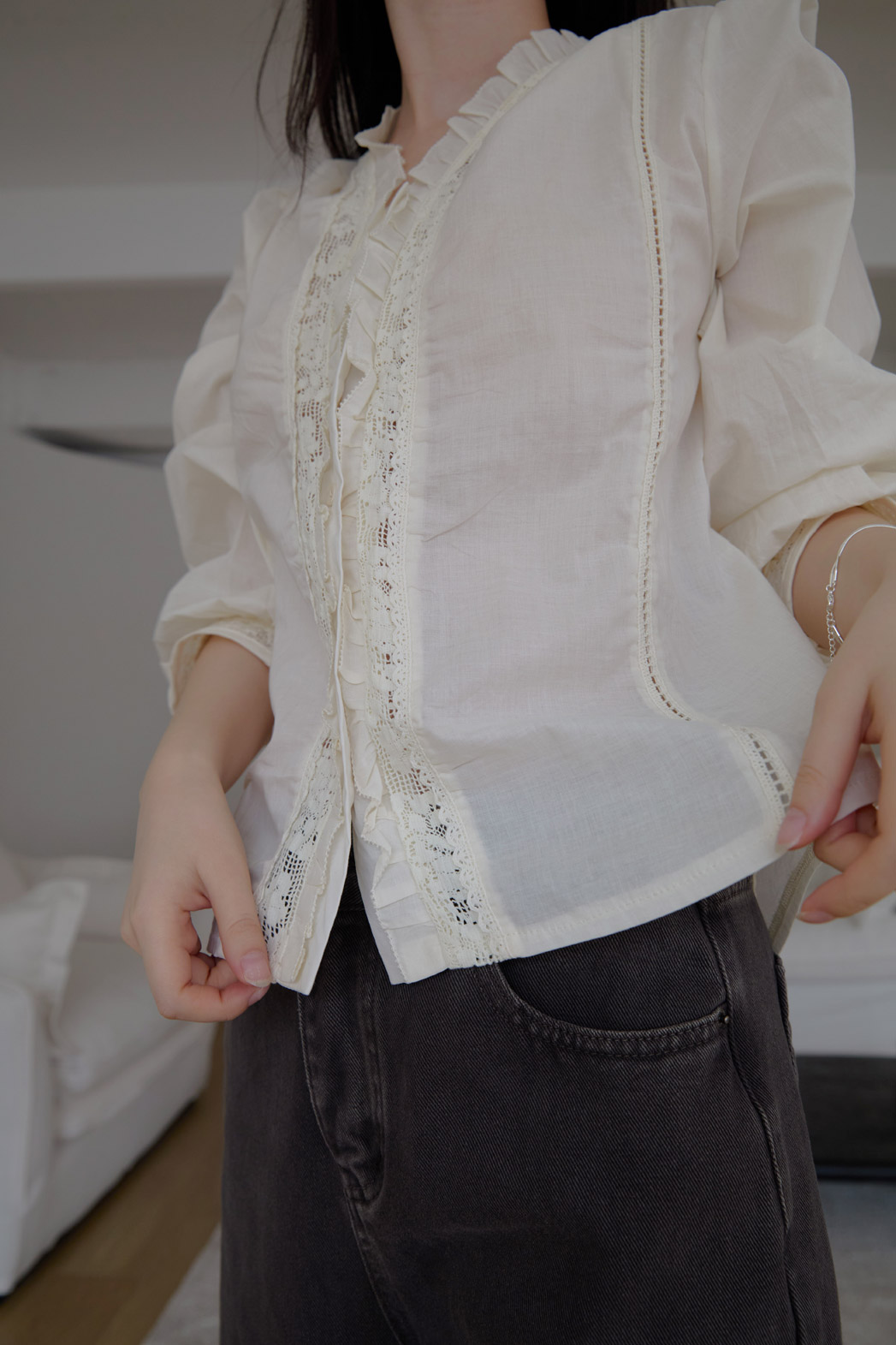 コットンフリルギャザーレースアップレースブラウス春夏秋 | 詳細画像18
