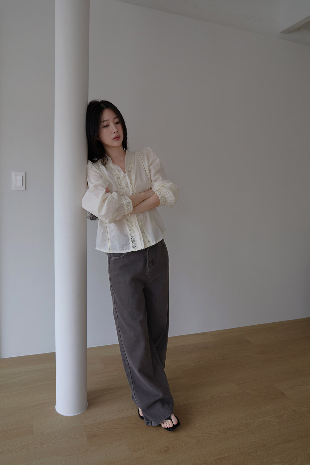 コットンフリルギャザーレースアップレースブラウス春夏秋 | 詳細画像19