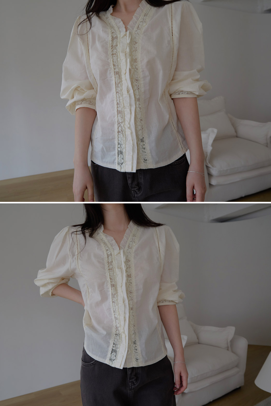 コットンフリルギャザーレースアップレースブラウス春夏秋 | 詳細画像20