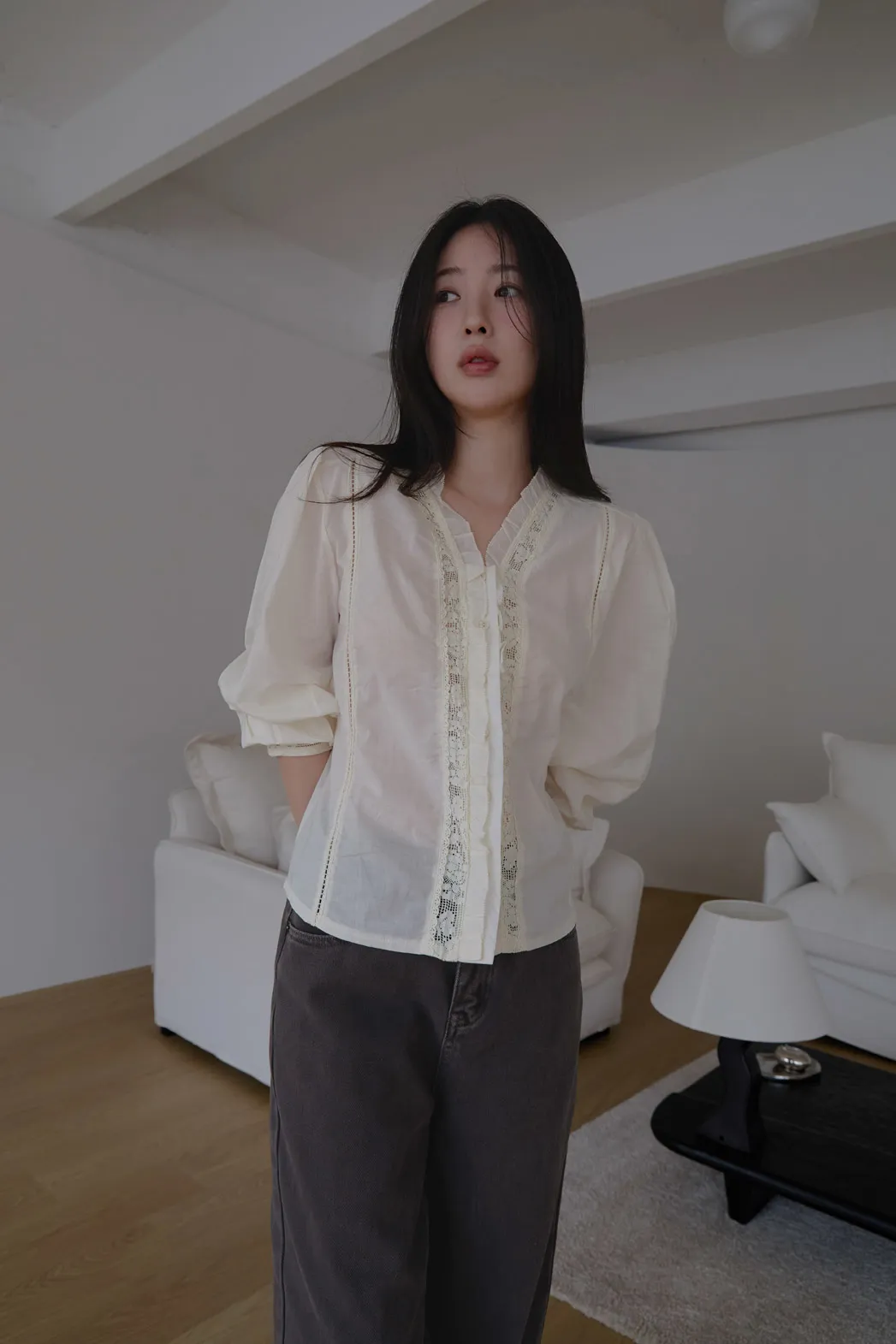 コットンフリルギャザーレースアップレースブラウス春夏秋 | 詳細画像1