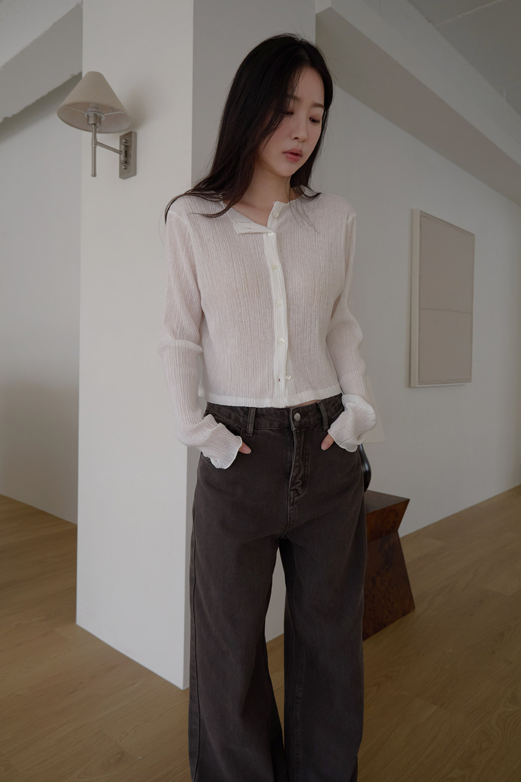 ベルベットベロアプリーツスリム無地ブラウス春夏秋 | 詳細画像4