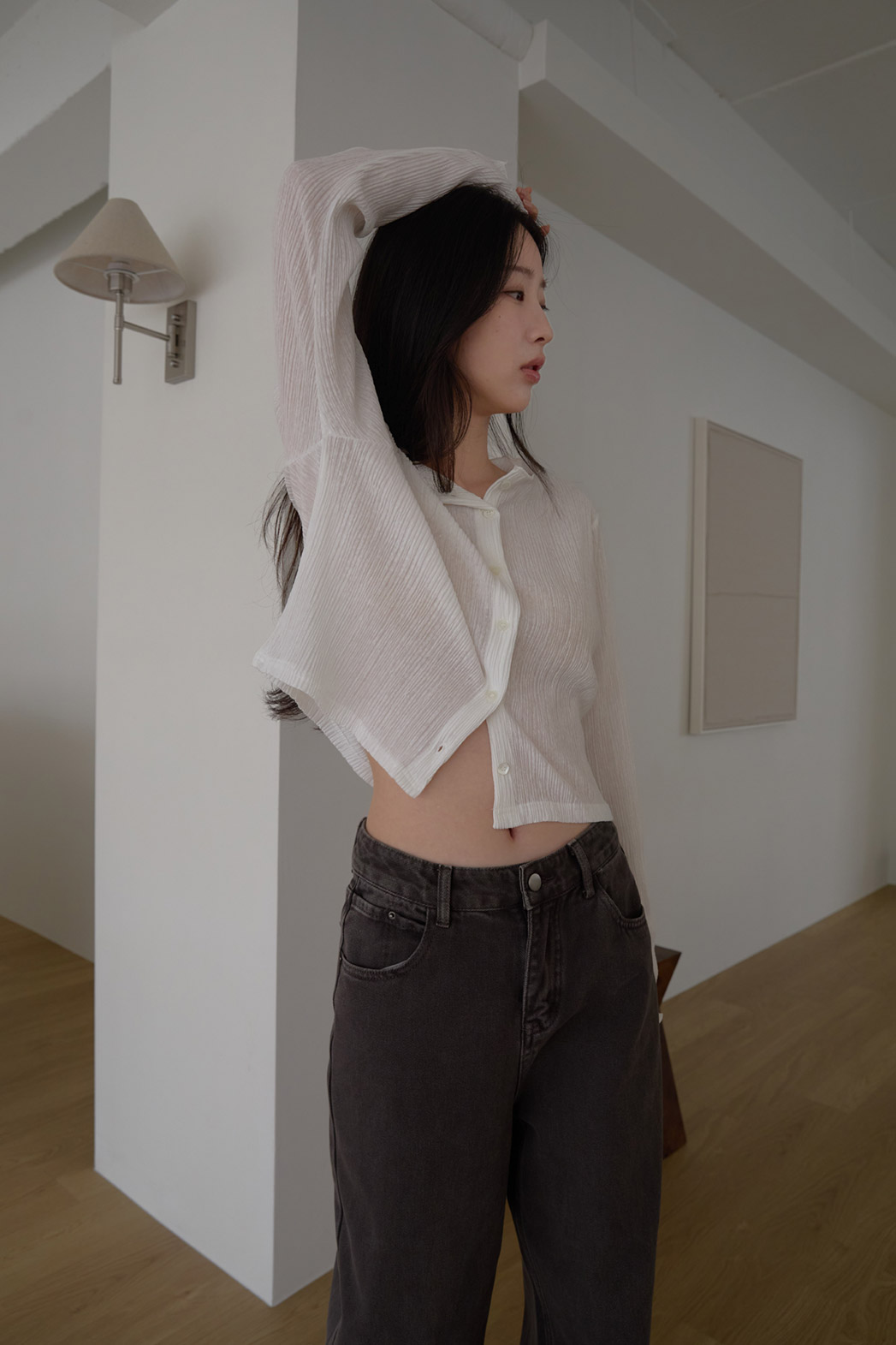 ベルベットベロアプリーツスリム無地ブラウス春夏秋 | 詳細画像5