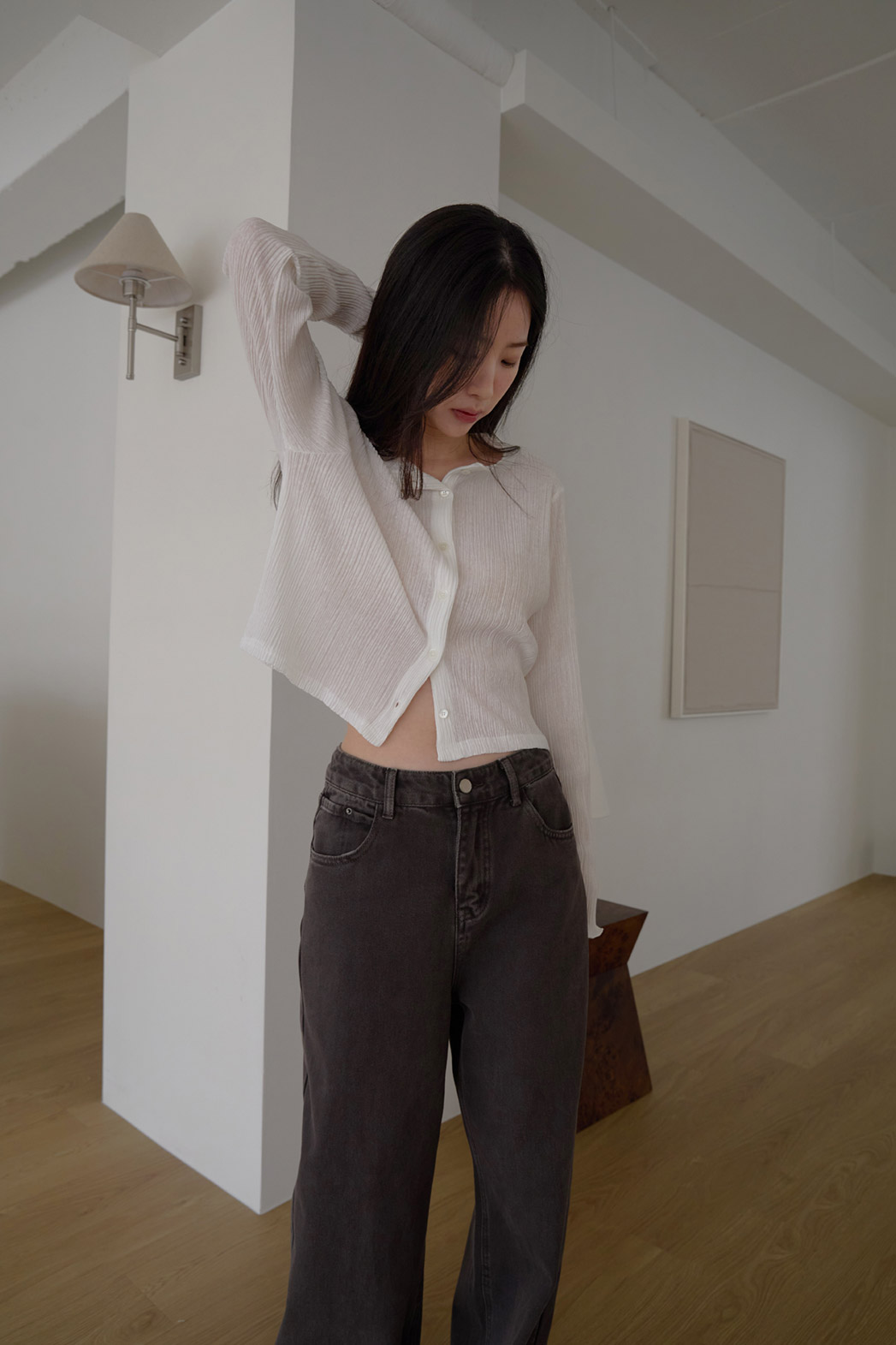 ベルベットベロアプリーツスリム無地ブラウス春夏秋 | 詳細画像6