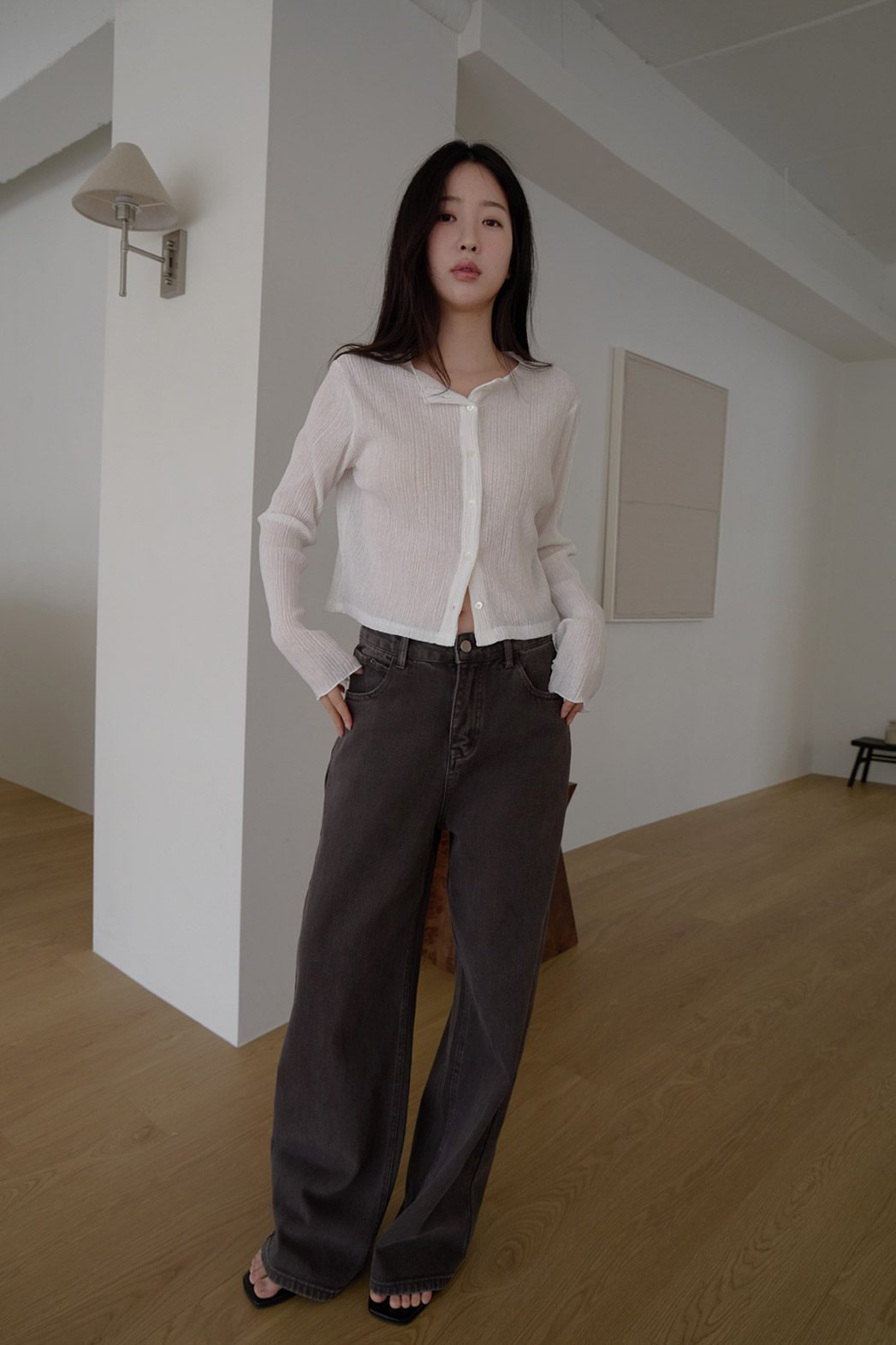 ベルベットベロアプリーツスリム無地ブラウス春夏秋 | 詳細画像7