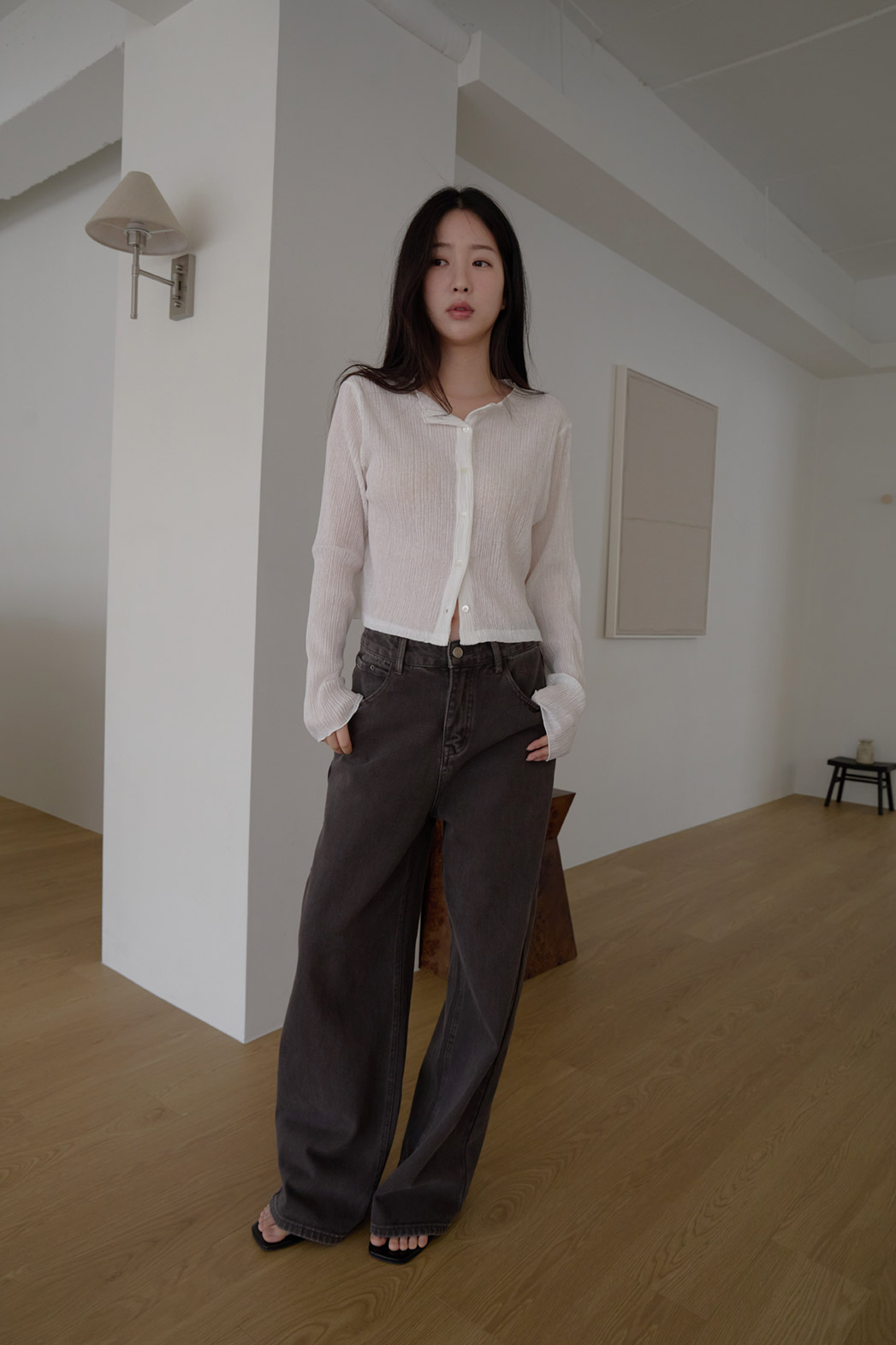 ベルベットベロアプリーツスリム無地ブラウス春夏秋 | 詳細画像8