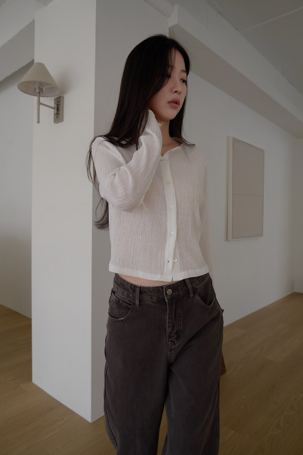ベルベットベロアプリーツスリム無地ブラウス春夏秋 | 詳細画像9