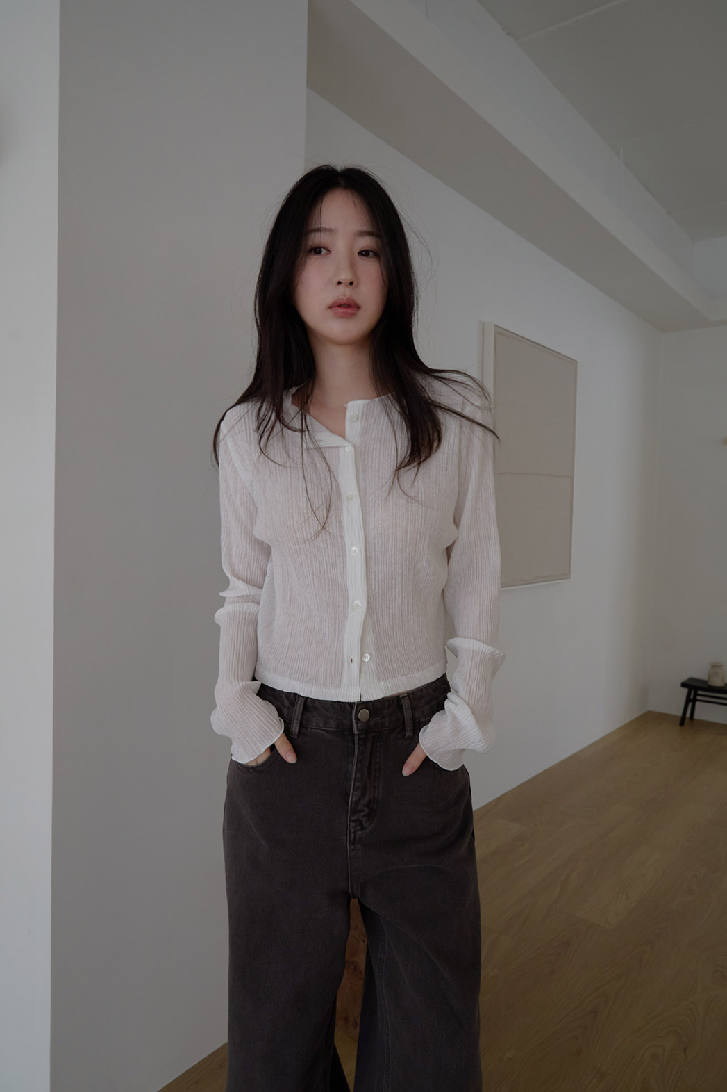 ベルベットベロアプリーツスリム無地ブラウス春夏秋 | 詳細画像10