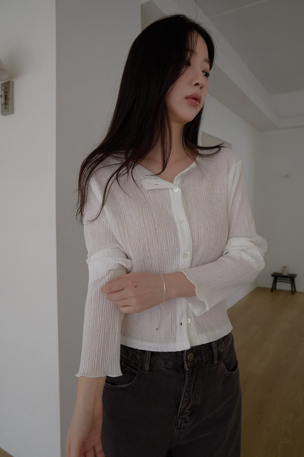 ベルベットベロアプリーツスリム無地ブラウス春夏秋 | 詳細画像11