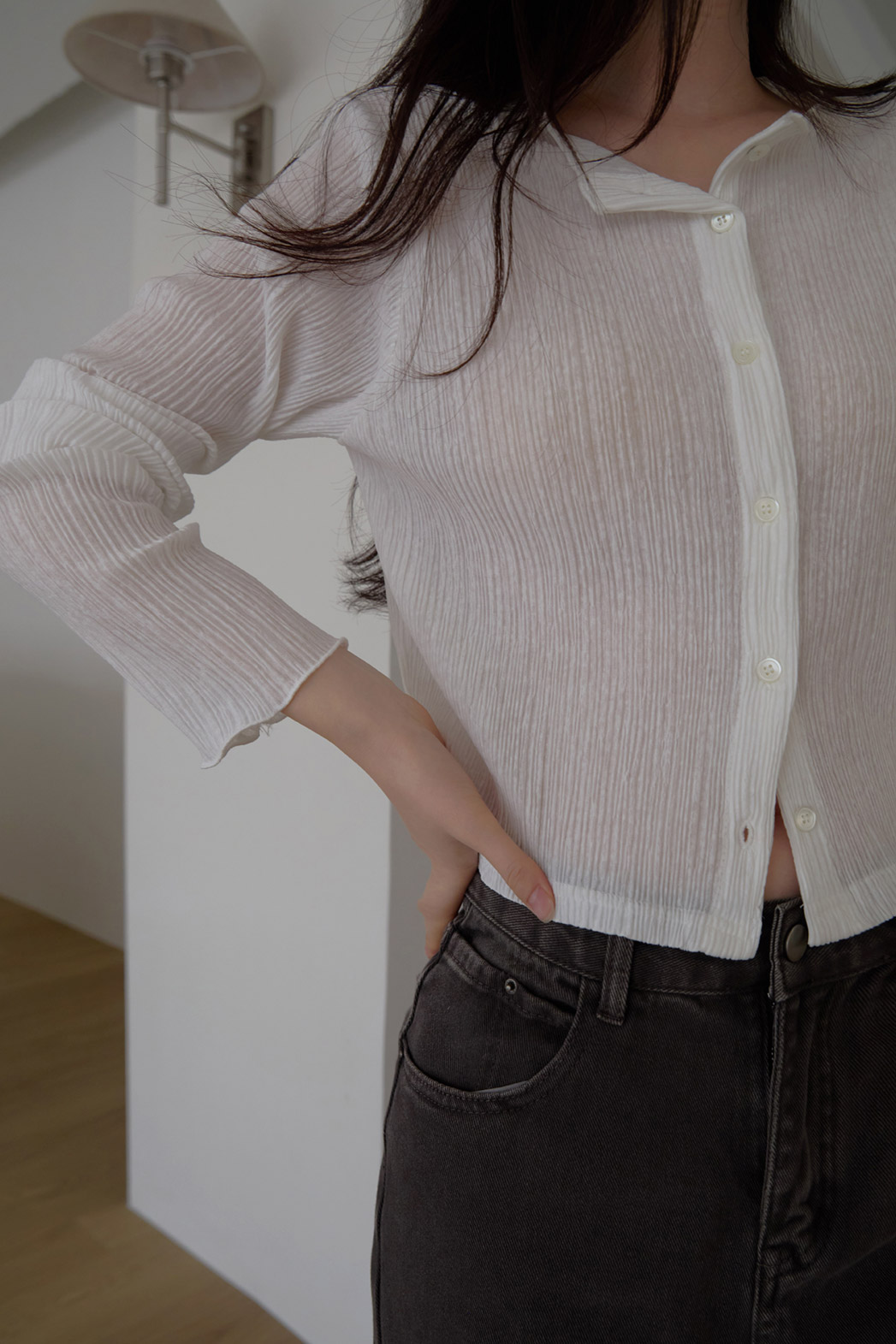 ベルベットベロアプリーツスリム無地ブラウス春夏秋 | 詳細画像12