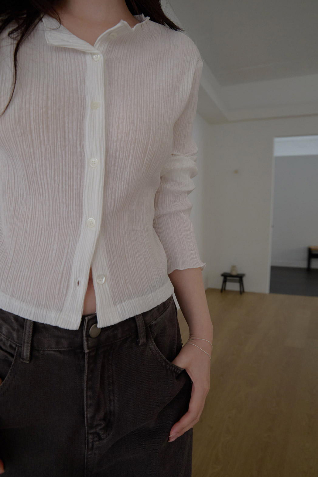 ベルベットベロアプリーツスリム無地ブラウス春夏秋 | 詳細画像13