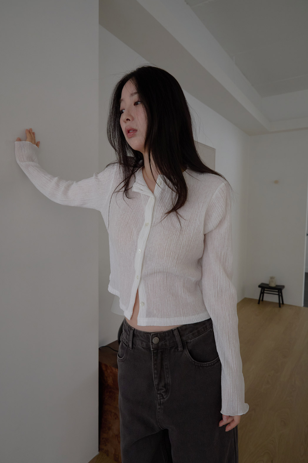 ベルベットベロアプリーツスリム無地ブラウス春夏秋 | 詳細画像16