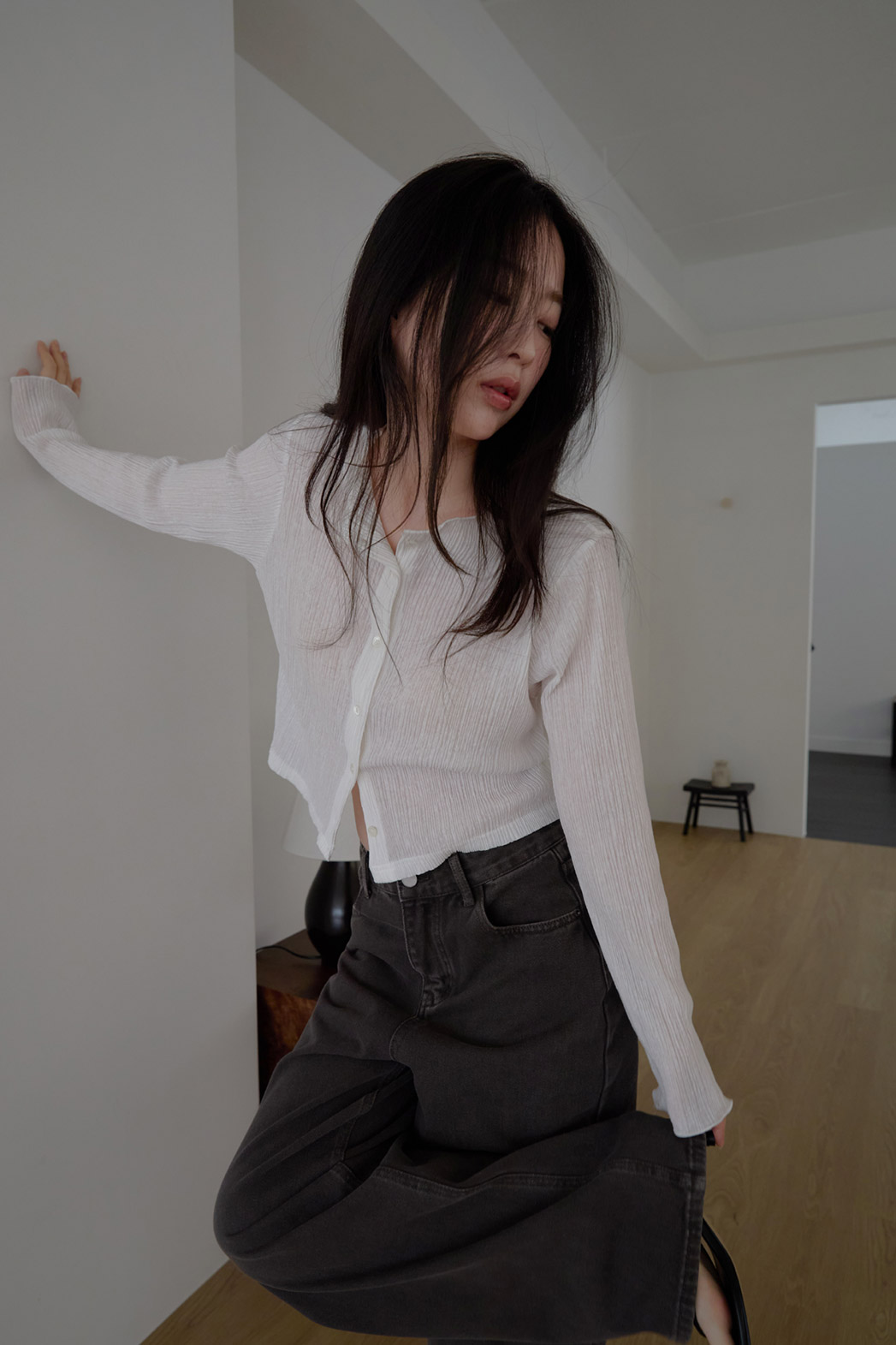 ベルベットベロアプリーツスリム無地ブラウス春夏秋 | 詳細画像17