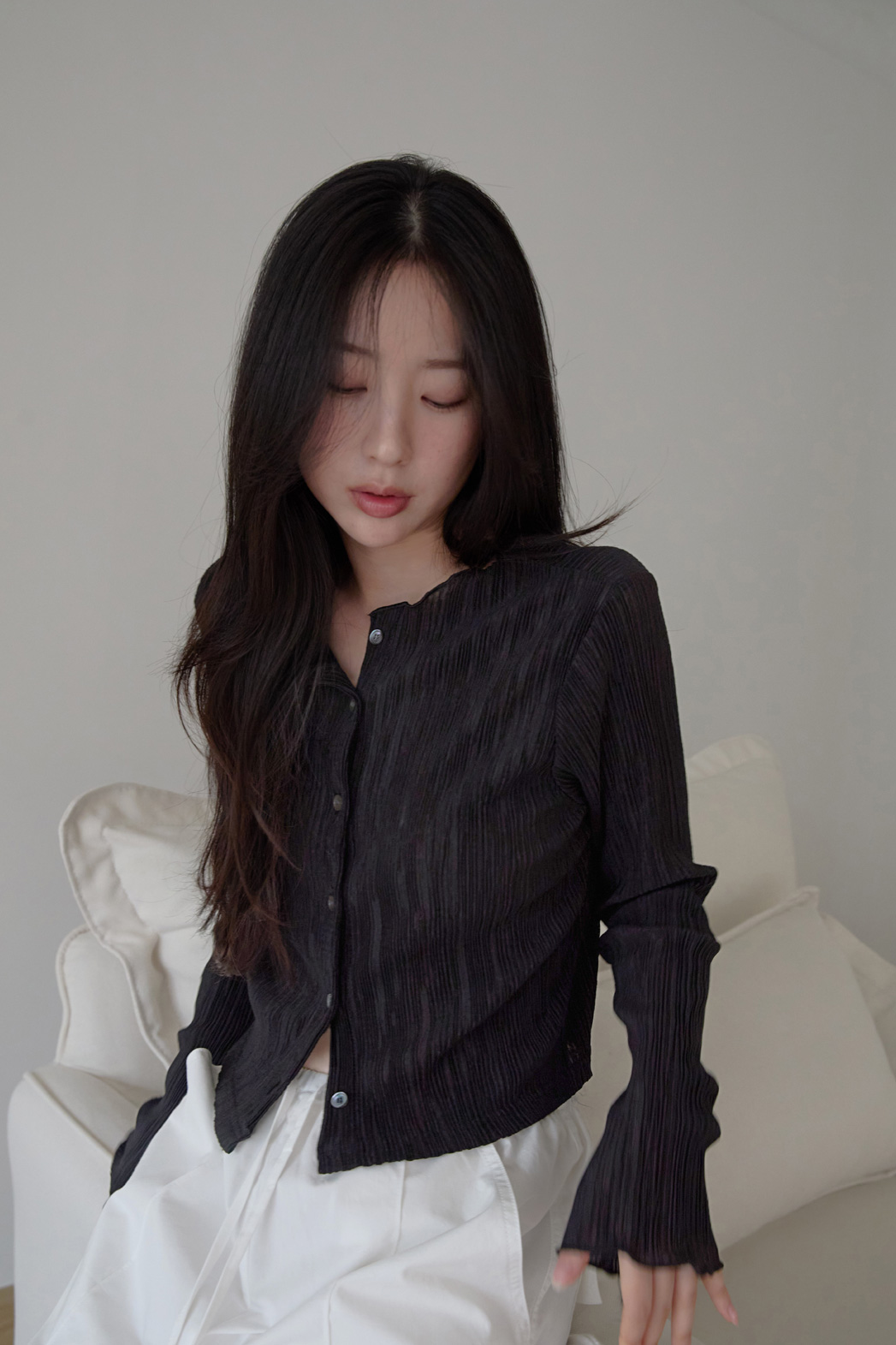 ベルベットベロアプリーツスリム無地ブラウス春夏秋 | 詳細画像33