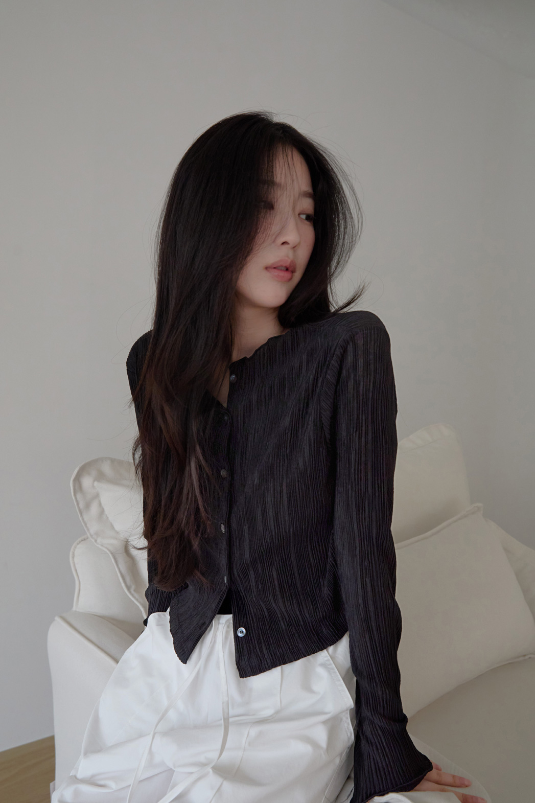 ベルベットベロアプリーツスリム無地ブラウス春夏秋 | 詳細画像34