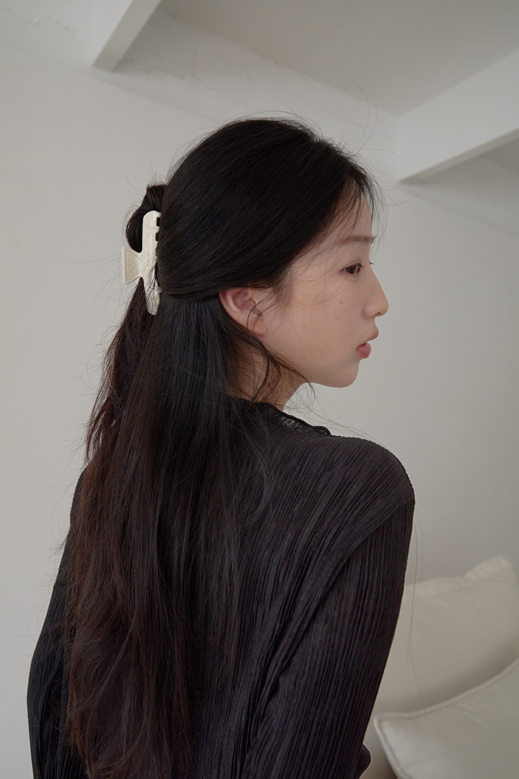 ベルベットベロアプリーツスリム無地ブラウス春夏秋 | 詳細画像35