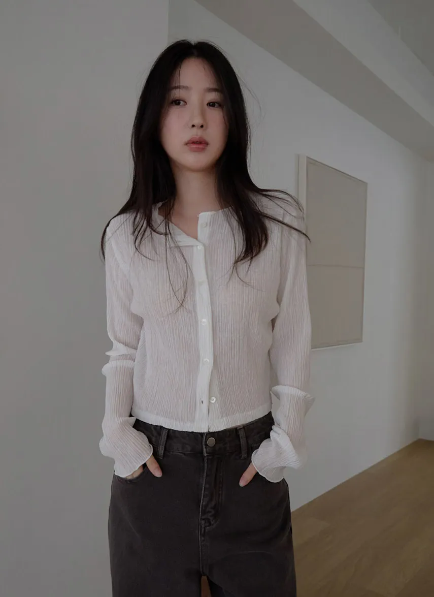 ベルベットベロアプリーツスリム無地ブラウス春夏秋 | 詳細画像1