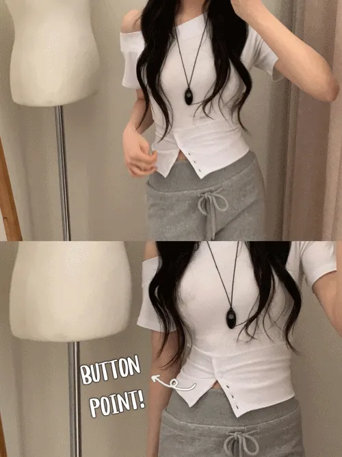 ボタンワンショルダースリム半袖Tシャツ | banincci | 詳細画像1