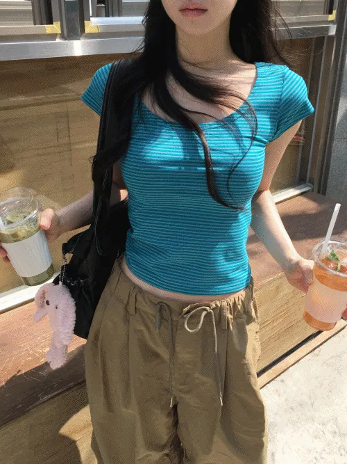 Uネックスリム半袖ボーダーTシャツ | banincci | 詳細画像1