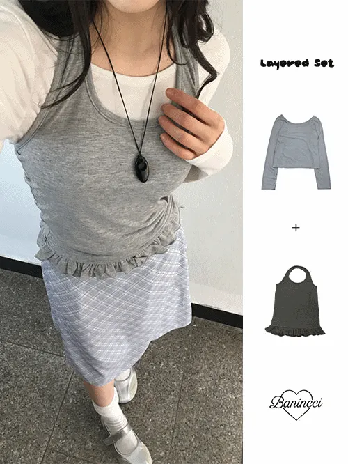 ホルターネックスリム長袖ベーシックレイヤードフリルアンサンブルTシャツタンクトップ | banincci | 詳細画像1