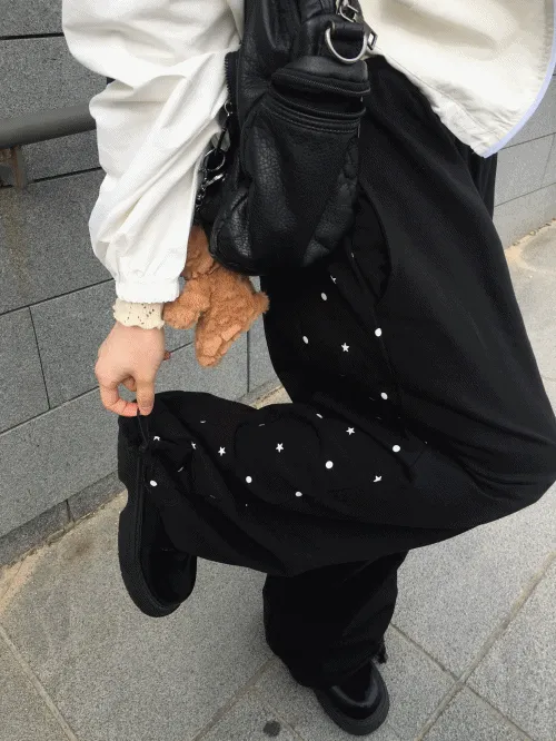 コットンドローストリングウエストゴムワイドサイドピンタックドットパンツトレーニング | banincci | 詳細画像1