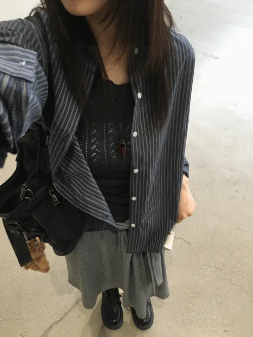 コットンボタンカラーボクシールーズ長袖ストライプ配色シャツ | banincci | 詳細画像1