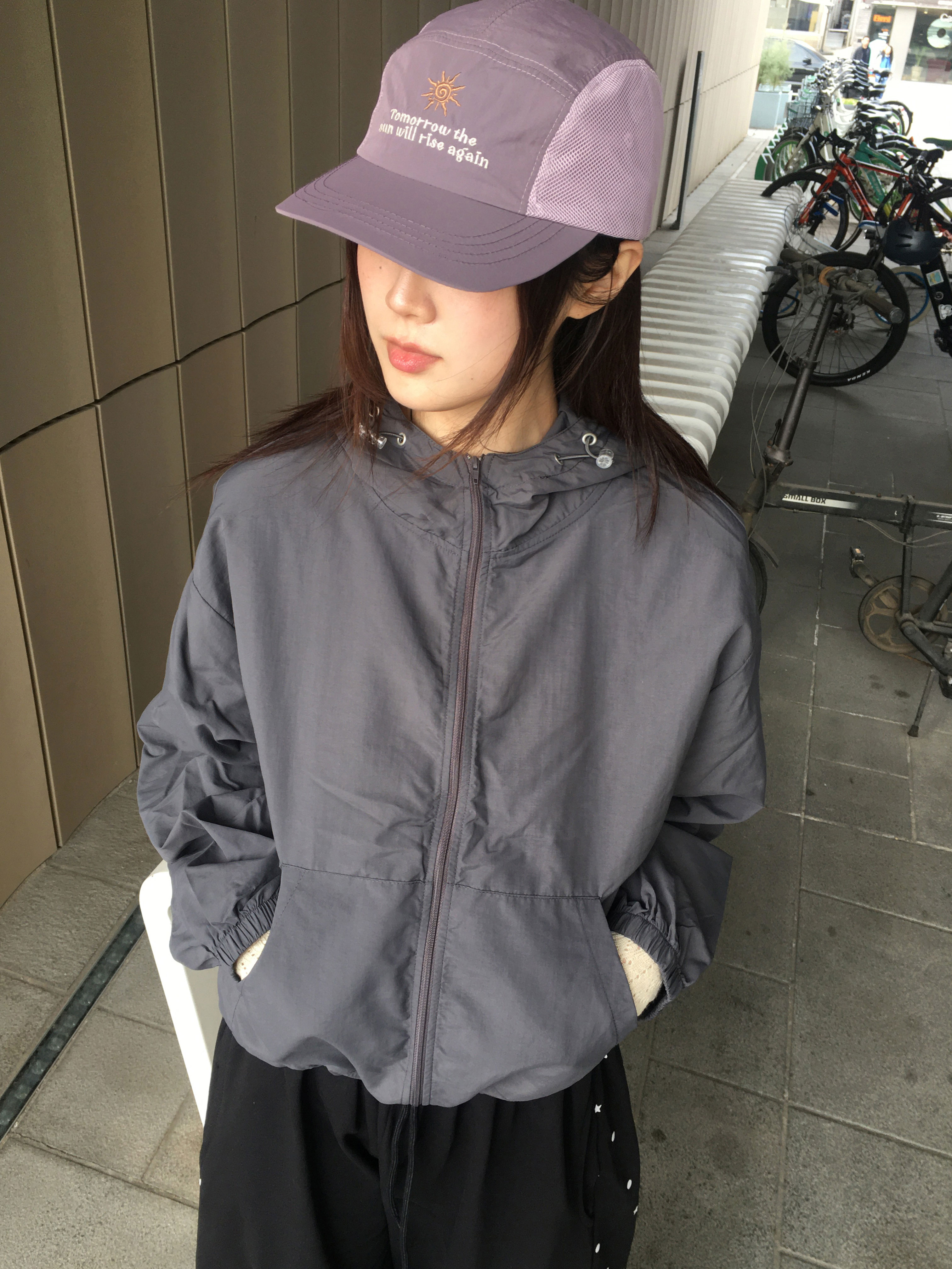 フード長袖ルーズクロップドジップアップポケットジャンパー
