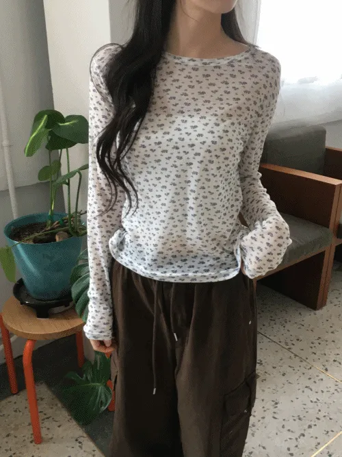 シースルーラウンドネック長袖ベーシック小花柄Tシャツ | banincci | 詳細画像1