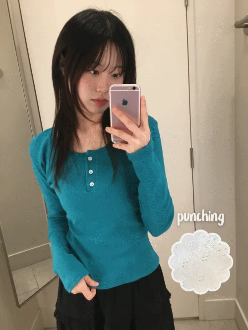 パンチングコットンボタンUネックパンチングベーシックTシャツ | banincci | 詳細画像1