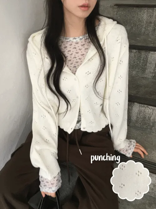 ニットパンチングボタンフードパンチングベーシック長袖カーディガン | banincci | 詳細画像1