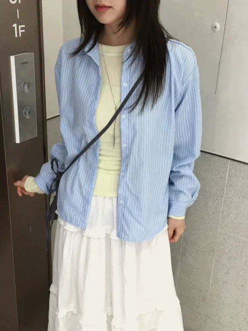 カラー長袖ベーシックボタンルーズ配色ストライプシャツ | banincci | 詳細画像1