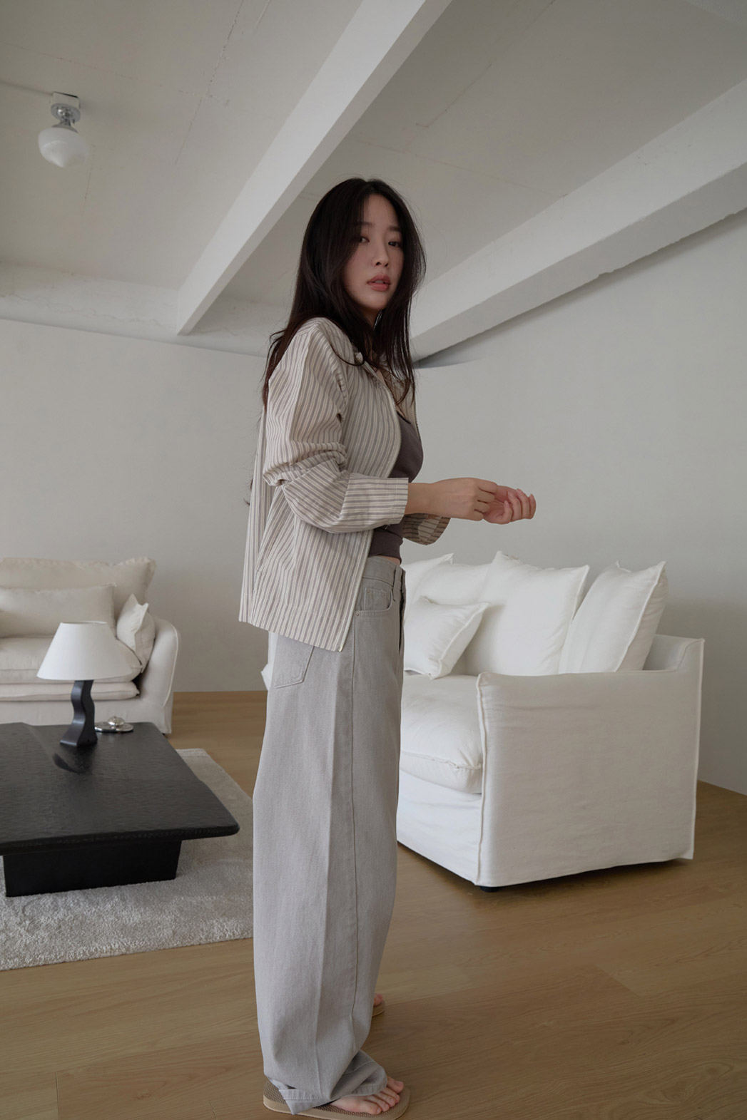 コットンハイネックベーシックセミクロップドストライプチェックジャンパー春夏秋 | 詳細画像2