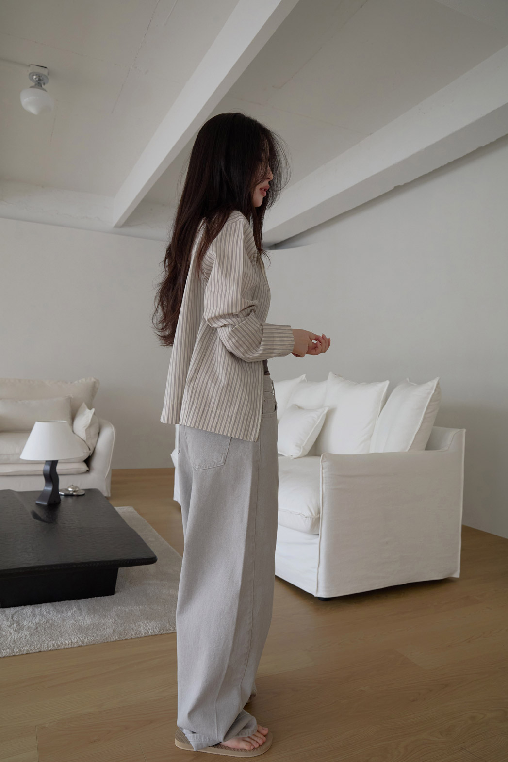 コットンハイネックベーシックセミクロップドストライプチェックジャンパー春夏秋 | 詳細画像3