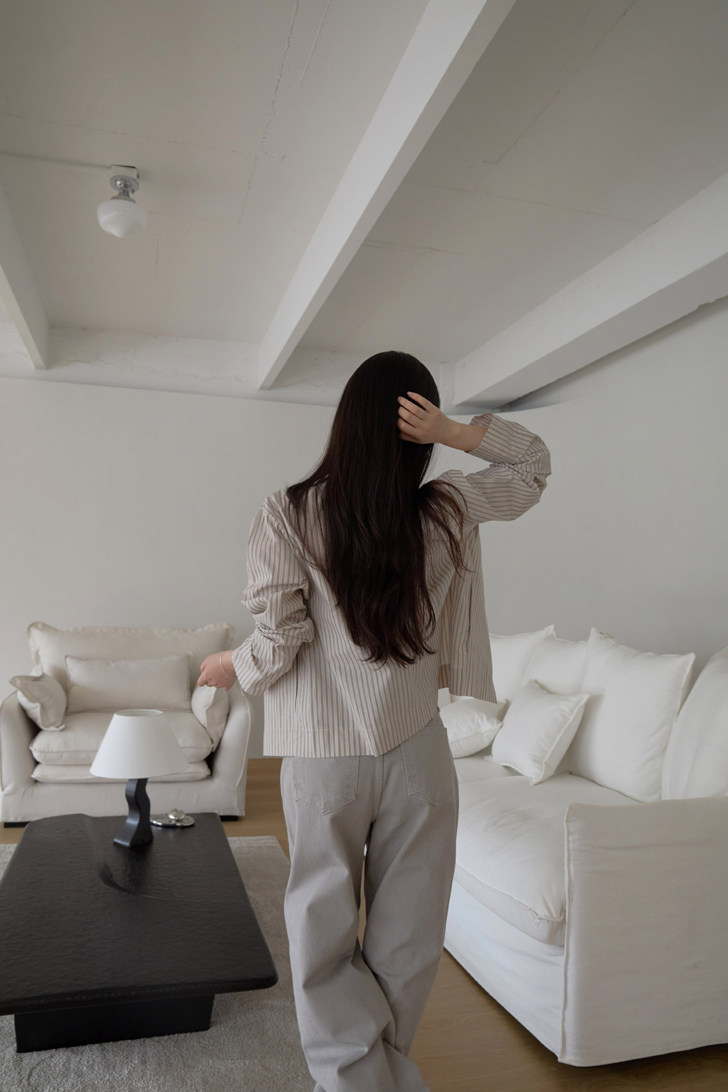 コットンハイネックベーシックセミクロップドストライプチェックジャンパー春夏秋 | 詳細画像4