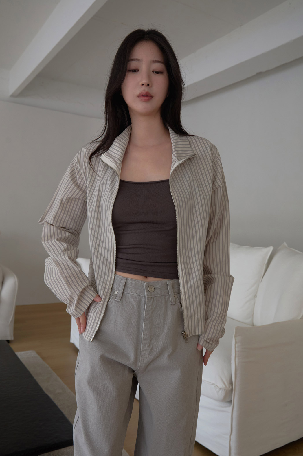 コットンハイネックベーシックセミクロップドストライプチェックジャンパー春夏秋 | 詳細画像5