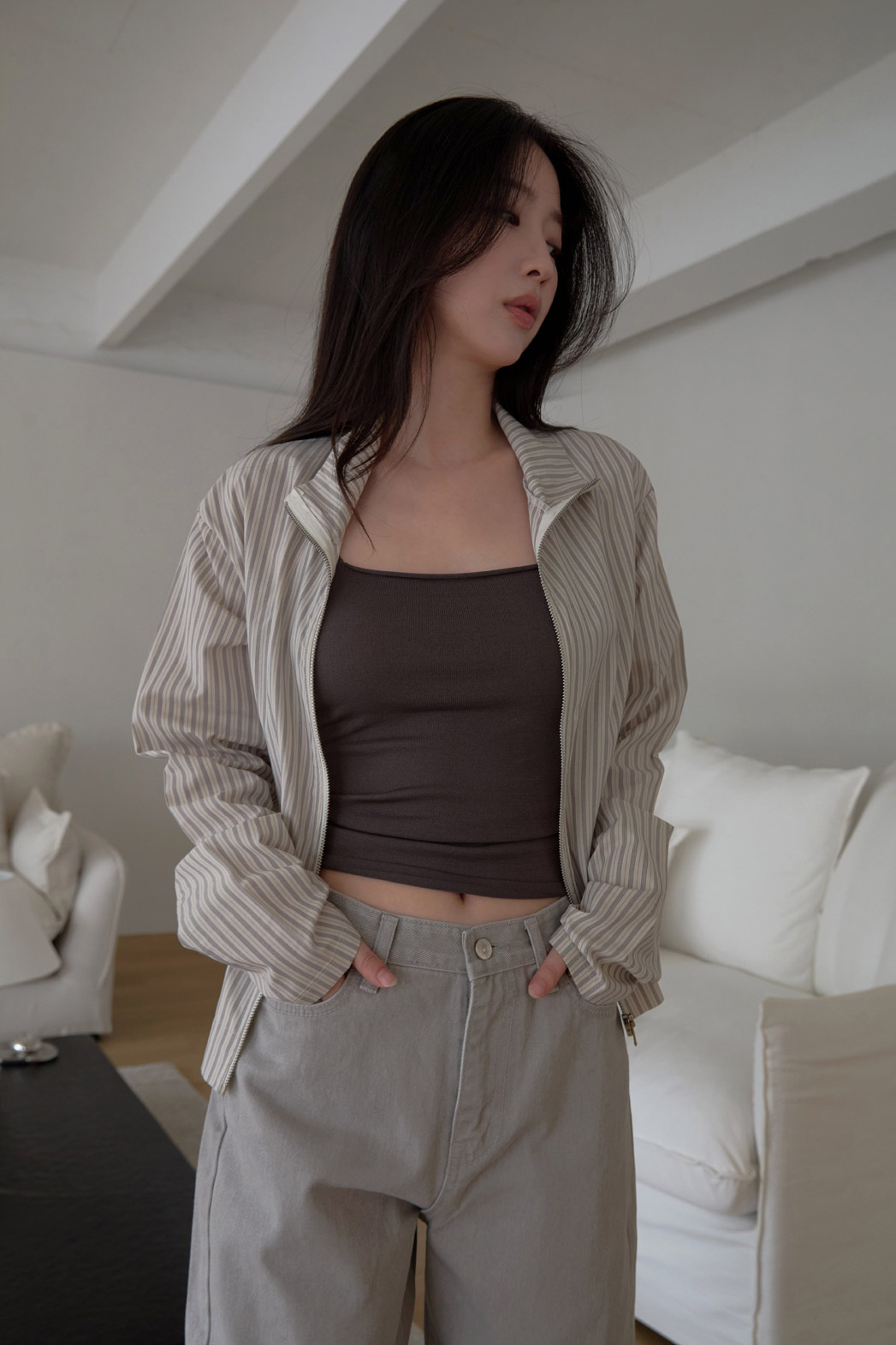 コットンハイネックベーシックセミクロップドストライプチェックジャンパー春夏秋 | 詳細画像6